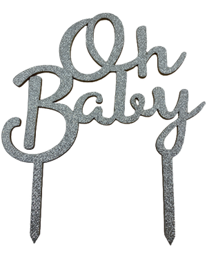 Nr39 Wooden Cake Topper Oh Baby Silver With Glitter