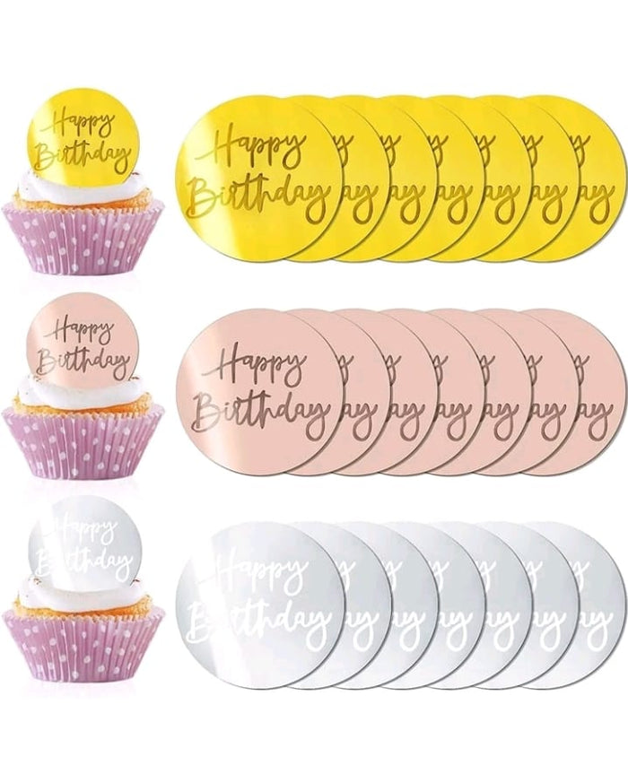 Cupcake Topper Acrylic Disc Happy Birthday 21pc