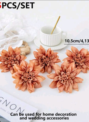 5pc Cake Topper Artificial Dahlia Chrysanthemum Mocha Brown
