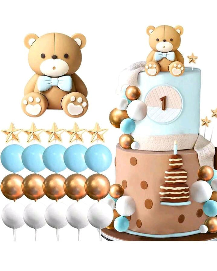21pc Cake Topper Bear Stars and Faux Ball Blue Set
