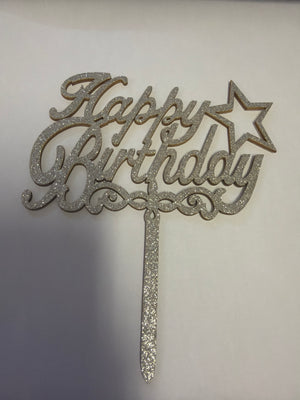 Nr40 Wooden Cake Happy Birthday Antique Silver