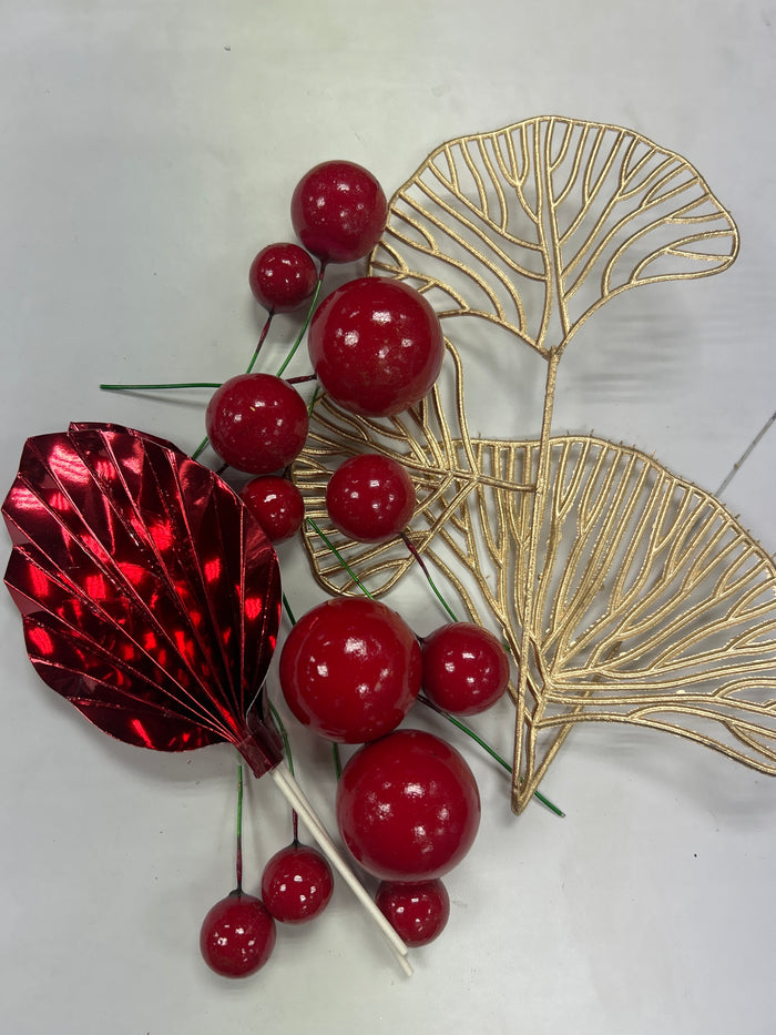 Red Palm Leaf Faux Balls and Ginkgo Cake Topper