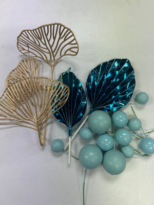 Blue Palm Leaf Faux Balls and Ginkgo Cake Topper