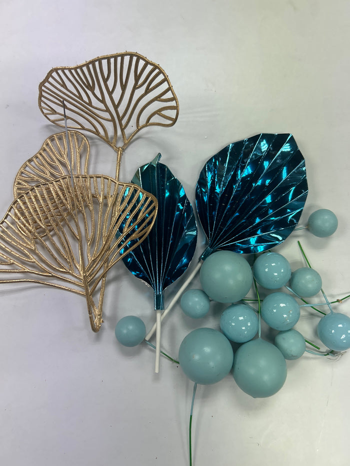 Blue Palm Leaf Faux Balls and Ginkgo Cake Topper