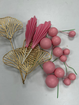 Pink Palm Leaf Faux Balls and Ginkgo Cake Topper