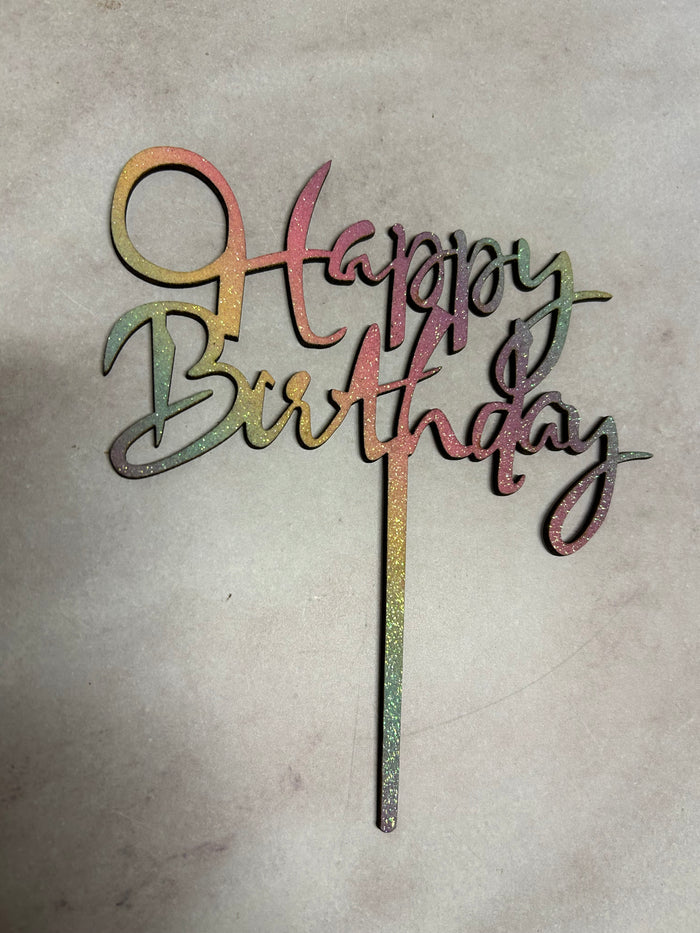 Wooden Cake Topper Happy Birthday Rainbow