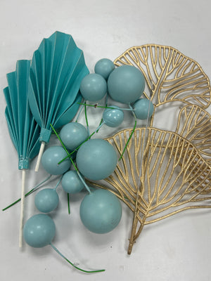 Blue Palm Leaf Faux Balls and Ginkgo Cake Topper