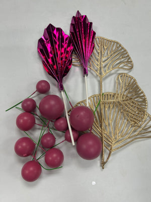 Cerise Palm Leaf Faux Balls and Ginkgo Cake Topper