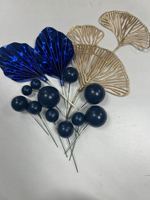 Blue Palm Leaf Faux Balls and Ginkgo Cake Topper