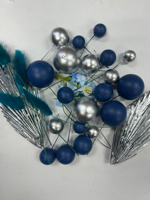 Cake Topper Polystyrene Faux Balls Blue and Silver Set