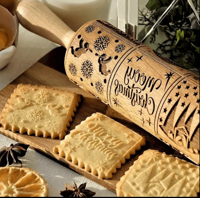 Biscuit Embossing Wooden Rolling Pin Christmas