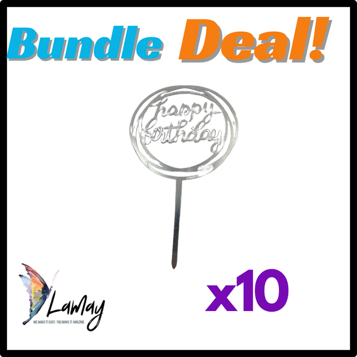 (11) Bundle Deal Acrylic Cake Topper Happy Birthday Silver x10