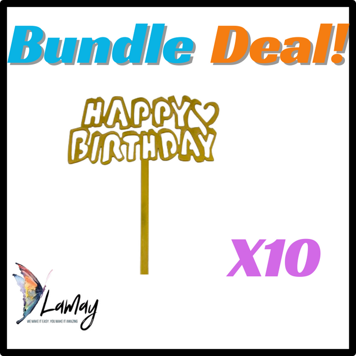 (21) Bundle Deal Acrylic Cake Topper Happy Birthday Gold x10