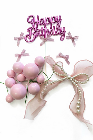Cake Topper Polystyrene Faux Ball Pearl Ribbon Set Pink