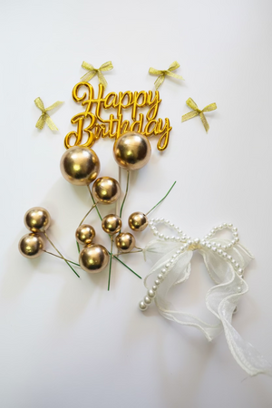 Cake Topper Polystyrene Faux Ball Pearl Ribbon Set Gold