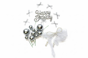 Cake Topper Polystyrene Faux Ball Pearl Ribbon Set Silver