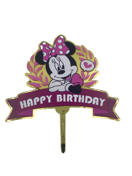 Nr103 Acrylic Cake Topper Happy Birthday Minnie Mouse Mirror Gold