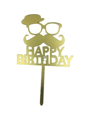 Nr196 Acrylic Cake Topper Happy Birthday Gold Moustache