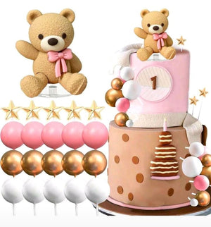 21pc Cake Topper Teddy Bear and Faux Ball Pink Set