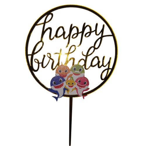 Nr92 Acrylic Cake Topper Happy Birthday Baby Shark Gold