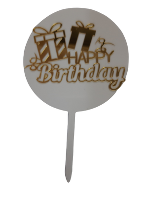 Nr276 Acrylic Cake Topper Happy Birthday Presents Gold & White