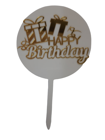 Nr276 Acrylic Cake Topper Happy Birthday Presents Gold & White