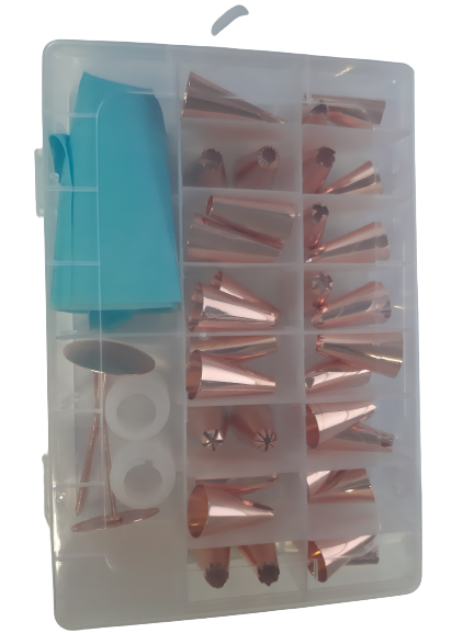 32 small Nozzles in a container with piping bag, Rose gold