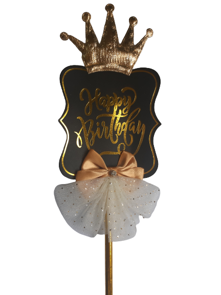 Top Cake Gold Paper Crown Cake Topper - Glitter, Blue Bow - 3 3/4