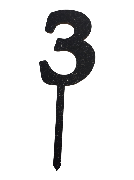 Nr3 Black wooden number topper with glitter. 7cm