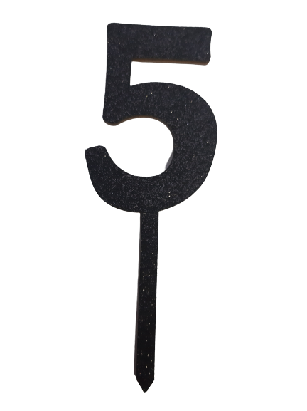 Nr5 Black wooden number topper with glitter. 7cm