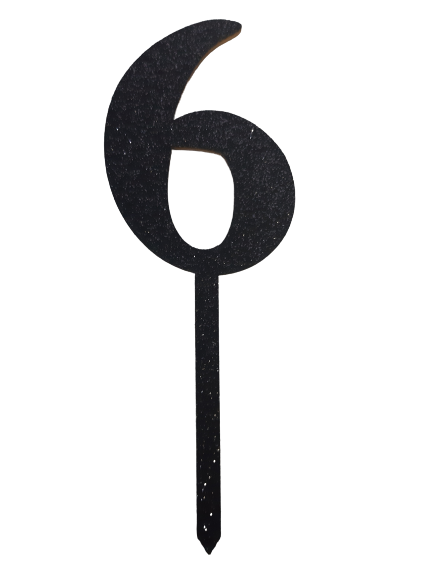 Nr6 Black wooden number topper with glitter. 7cm