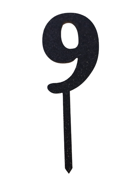 Nr9 Black wooden number topper with glitter. 7cm