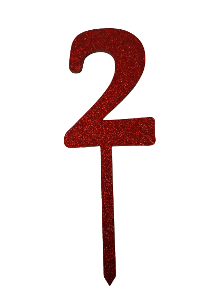 Nr2 Red wooden number topper with glitter. 7cm