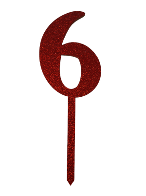 Nr6 Red wooden number topper with glitter. 7cm