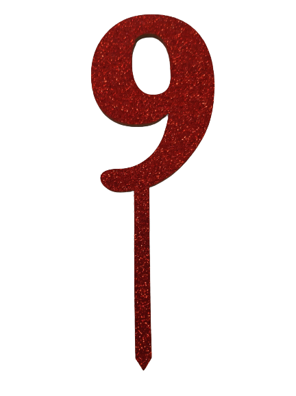 Nr9 Red wooden number topper with glitter. 7cm