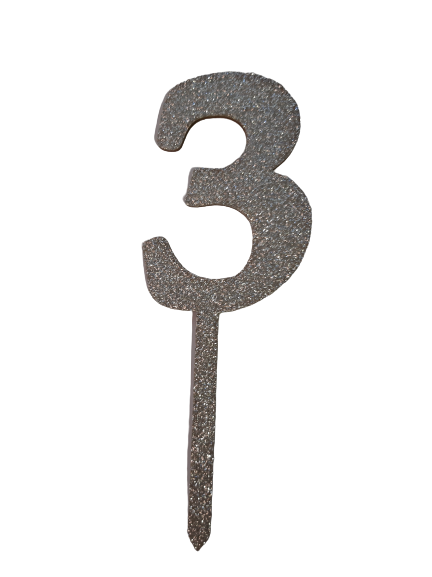 Nr3 Silver  wooden number topper with glitter. 7cm