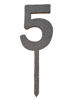 Nr5 Silver  wooden number topper with glitter. 7cm