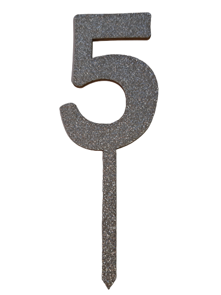 Nr5 Silver  wooden number topper with glitter. 7cm