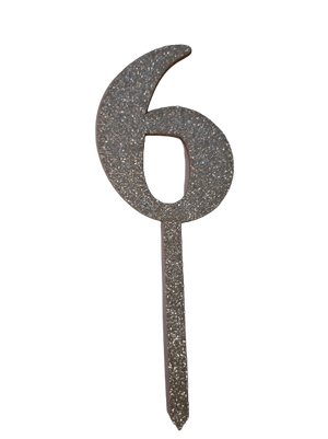 Nr6 Silver  wooden number topper with glitter. 7cm