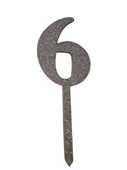 Nr6 Silver  wooden number topper with glitter. 7cm