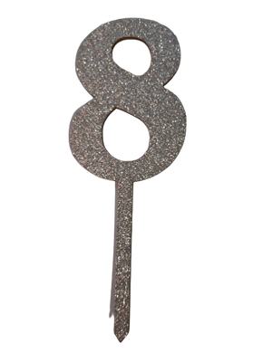 Nr8 Silver  wooden number topper with glitter. 7cm