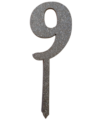 Nr9 Silver  wooden number topper with glitter. 7cm