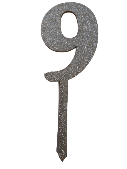 Nr9 Silver  wooden number topper with glitter. 7cm