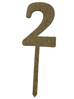 Nr2 Gold wooden number topper with glitter. 7cm