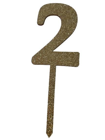 Nr2 Gold wooden number topper with glitter. 7cm