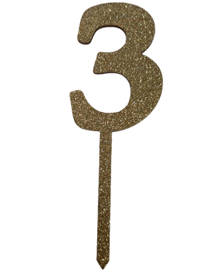 Nr3 Gold wooden number topper with glitter. 7cm