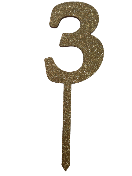 Nr3 Gold wooden number topper with glitter. 7cm