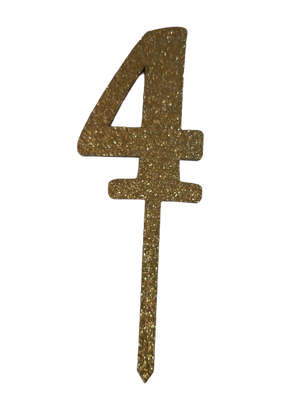 Nr4 Gold wooden number topper with glitter. 7cm