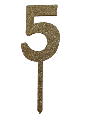 Nr5 Gold wooden number topper with glitter. 7cm