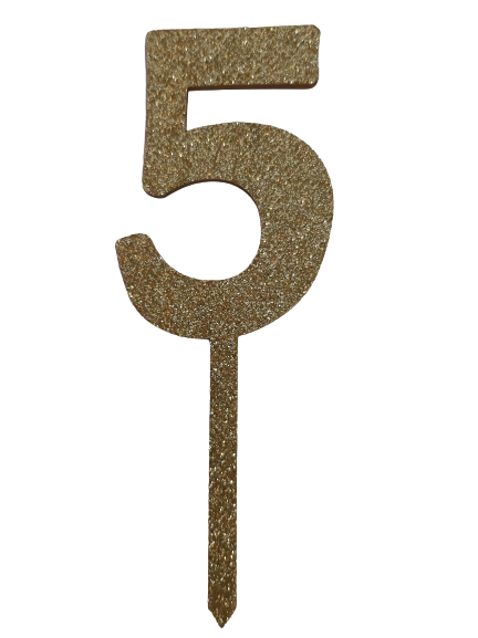 Nr5 Gold wooden number topper with glitter. 7cm